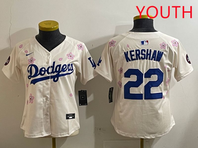 Youth Los Angeles Dodgers #22 Kershaw Cream Sakura Edition 2025 Nike MLB Jersey style 5->youth mlb jersey->Youth Jersey